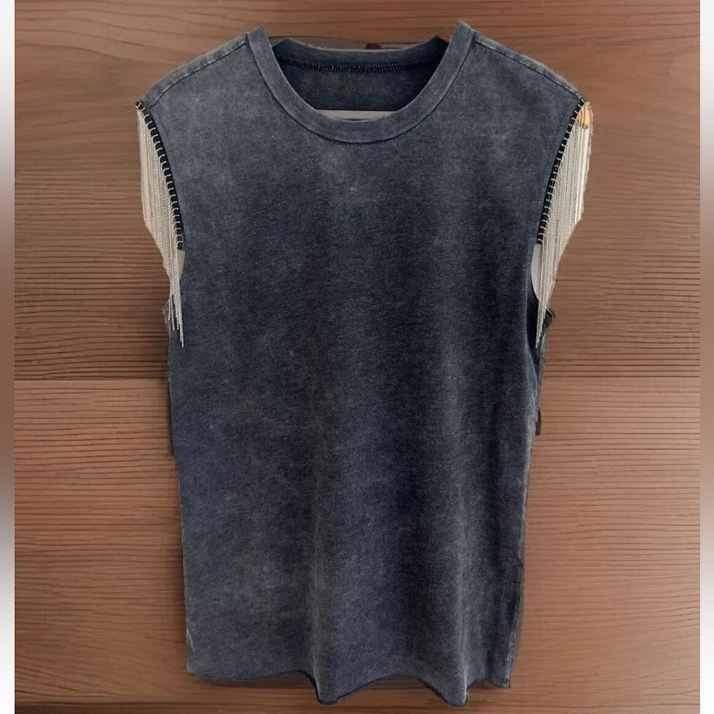 Silver Beaded Fringe Washed Black Grey Western T Shirt Tank Top NWOT Size M